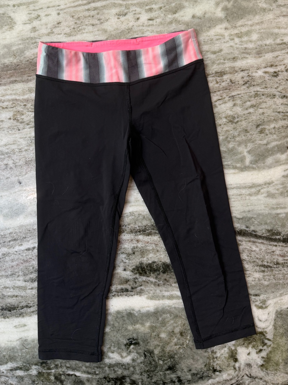 Ivivva Black Capri Leggings with Pink and Gray Striped Waistband
Size 10